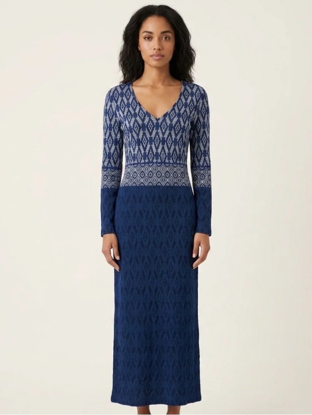 St. John Evening Diamond Jacquard Knit Maxi Dress Navy Blue Silver Long Sleeve 4 - Picture 1 of 14
